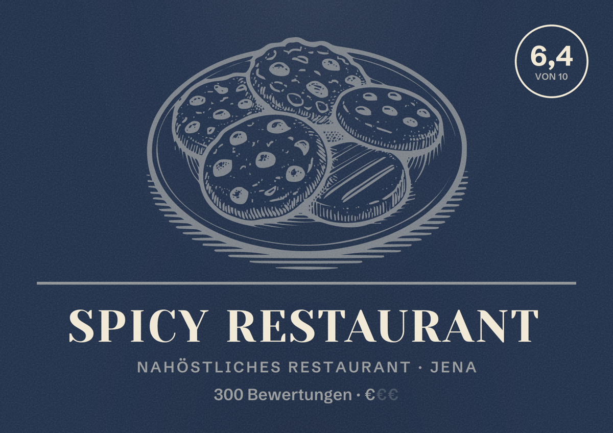 Illustriertes Poster von Spicy Restaurant, Nahöstliches Restaurant in Jena: Bewertung 6,4 von 10 aus 300 Bewertungen, Preisniveau €
