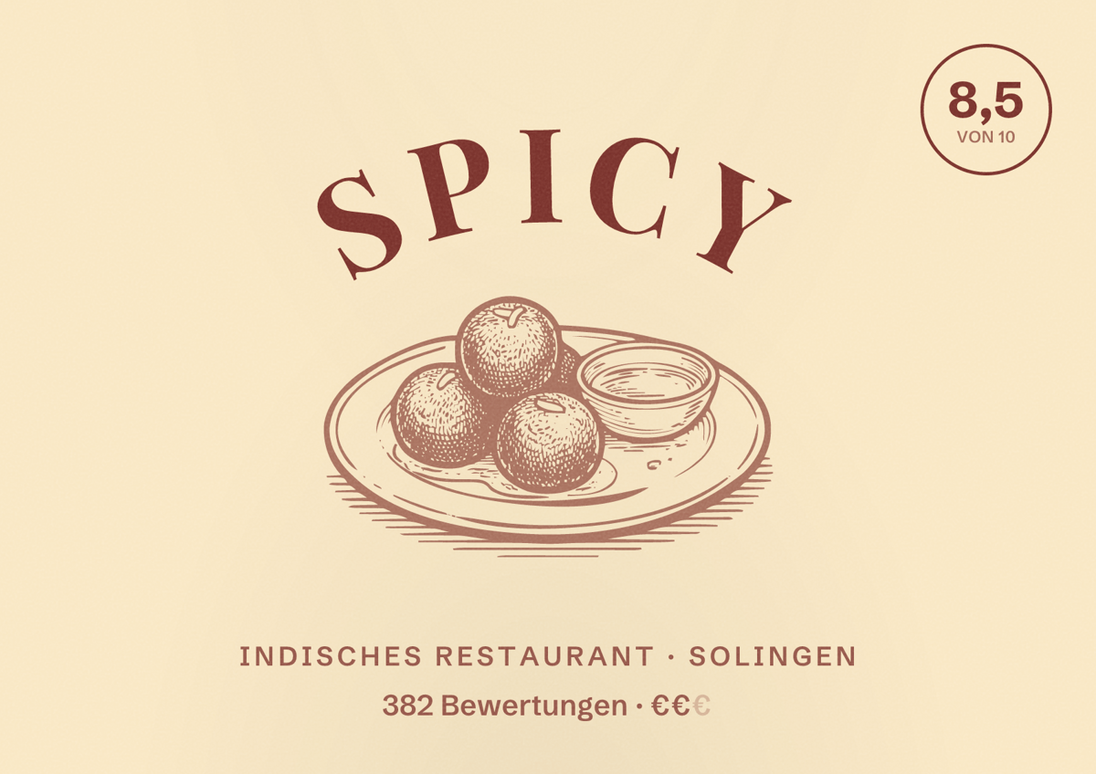 Illustriertes Poster von Spicy, Indisches Restaurant in Solingen: Bewertung 8,5 von 10 aus 382 Bewertungen, Preisniveau €€