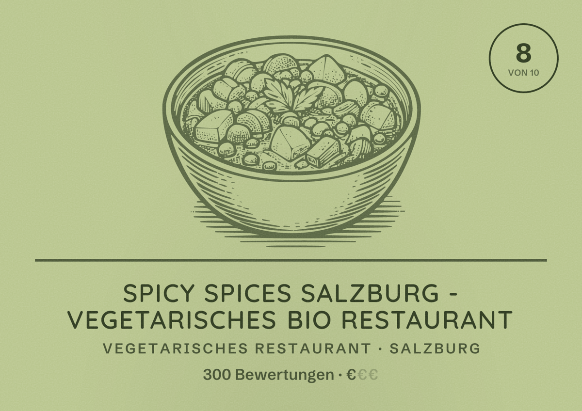 Illustriertes Poster von Spicy Spices Salzburg - Vegetarisches Bio Restaurant, Vegetarisches Restaurant in Salzburg: Bewertung 8 von 10 aus 300 Bewertungen, Preisniveau €