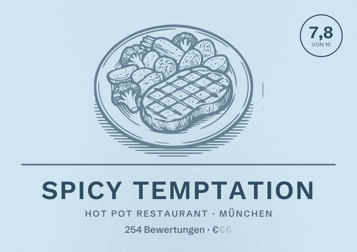 Illustriertes Poster von Spicy Temptation, Hot Pot Restaurant in München: Bewertung 7,8 von 10 aus 254 Bewertungen, Preisniveau €