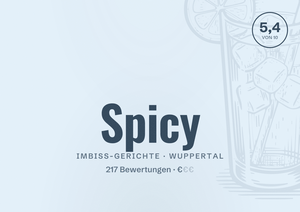 Illustriertes Poster von Spicy, Imbiss-Gerichte in Wuppertal: Bewertung 5,4 von 10 aus 217 Bewertungen, Preisniveau €