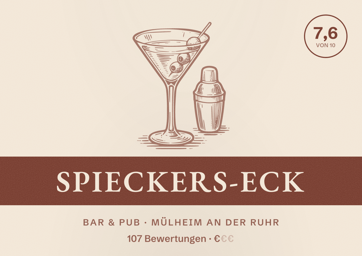 Illustriertes Poster von Spieckers-Eck, Bar & Pub in Mülheim an der Ruhr: Bewertung 7,6 von 10 aus 107 Bewertungen, Preisniveau €