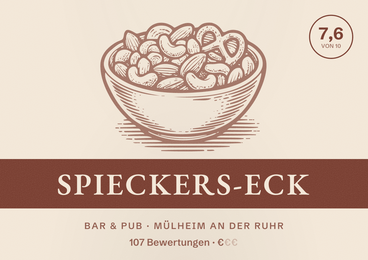 Illustriertes Poster von Spieckers-Eck, Bar & Pub in Mülheim an der Ruhr: Bewertung 7,6 von 10 aus 107 Bewertungen, Preisniveau €