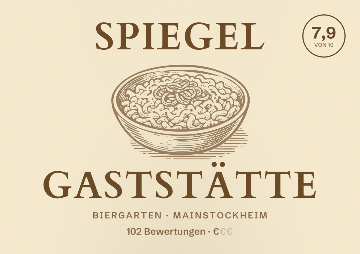 Illustriertes Poster von Spiegel Gaststätte, Biergarten in Mainstockheim: Bewertung 7,9 von 10 aus 102 Bewertungen, Preisniveau €