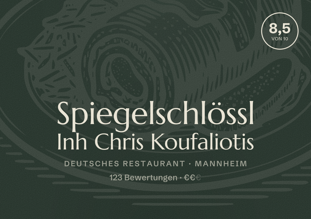 Illustriertes Poster von Spiegelschlössl Inh Chris Koufaliotis, Deutsches Restaurant in Mannheim: Bewertung 8,5 von 10 aus 123 Bewertungen, Preisniveau €€
