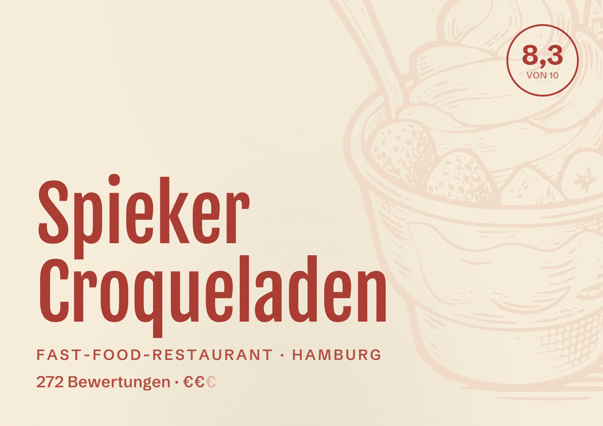 Illustriertes Poster von Spieker Croqueladen, Fast-Food-Restaurant in Hamburg: Bewertung 8,3 von 10 aus 272 Bewertungen, Preisniveau €€