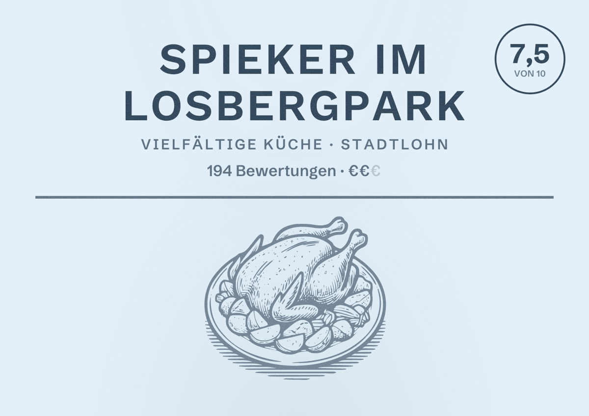 Illustriertes Poster von Spieker im Losbergpark, Vielfältige Küche in Stadtlohn: Bewertung 7,5 von 10 aus 194 Bewertungen, Preisniveau €€
