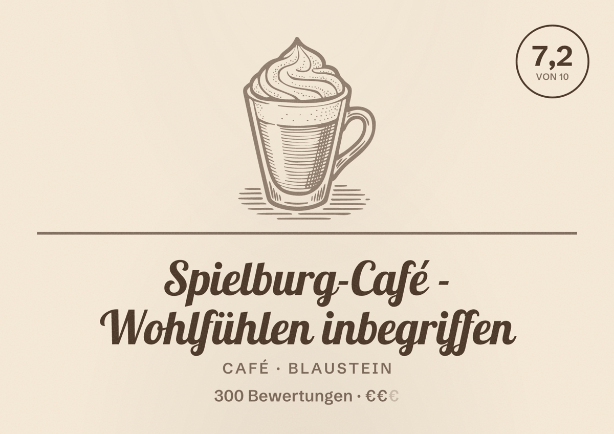 Illustriertes Poster von Spielburg-Café - Wohlfühlen inbegriffen, Café in Blaustein: Bewertung 7,2 von 10 aus 300 Bewertungen, Preisniveau €€