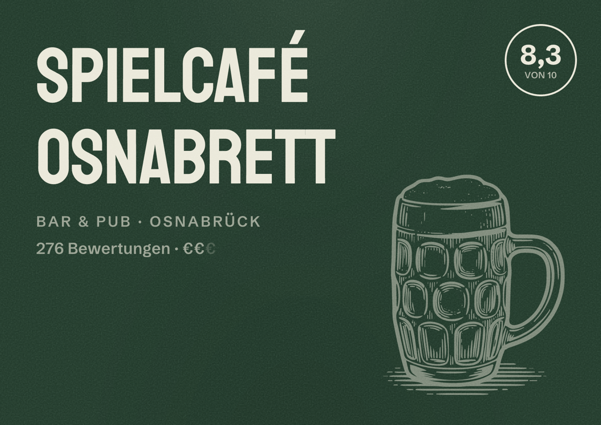 Illustriertes Poster von Spielcafé Osnabrett, Bar & Pub in Osnabrück: Bewertung 8,3 von 10 aus 276 Bewertungen, Preisniveau €€