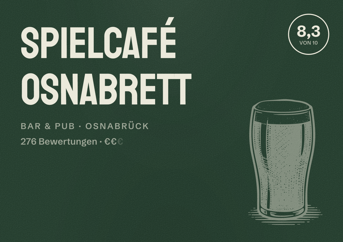 Illustriertes Poster von Spielcafé Osnabrett, Bar & Pub in Osnabrück: Bewertung 8,3 von 10 aus 276 Bewertungen, Preisniveau €€