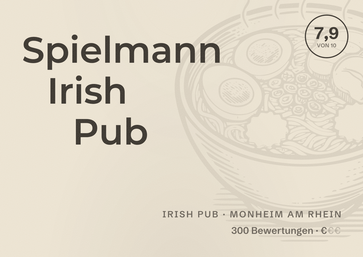 Illustriertes Poster von Spielmann Irish Pub, Irish Pub in Monheim am Rhein: Bewertung 7,9 von 10 aus 300 Bewertungen, Preisniveau €