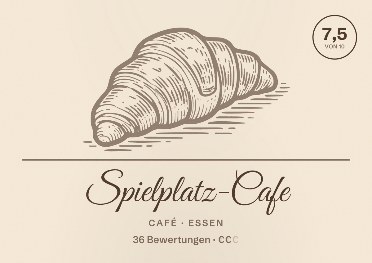 Illustriertes Poster von Spielplatz-Cafe, Café in Essen: Bewertung 7,5 von 10 aus 36 Bewertungen, Preisniveau €€