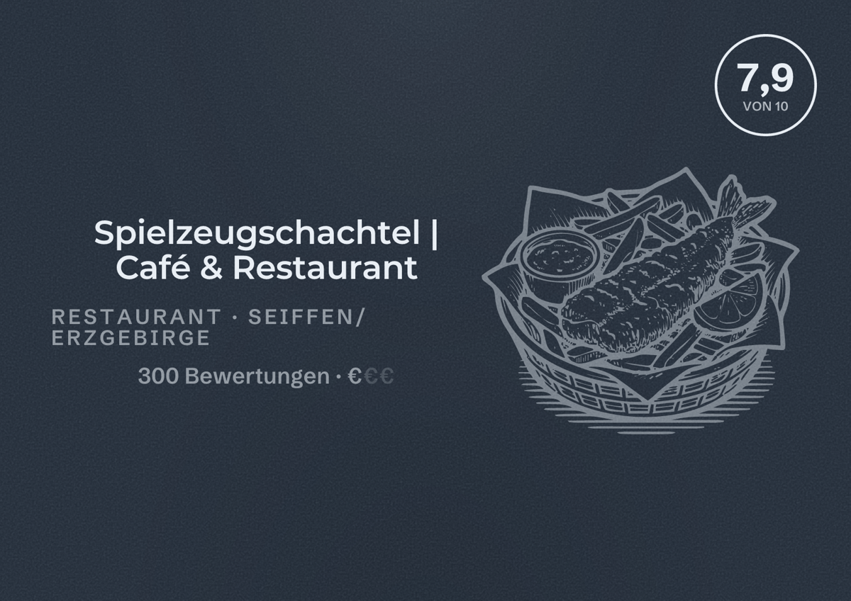 Illustriertes Poster von Spielzeugschachtel | Café & Restaurant, Restaurant in Seiffen/Erzgebirge: Bewertung 7,9 von 10 aus 300 Bewertungen, Preisniveau €
