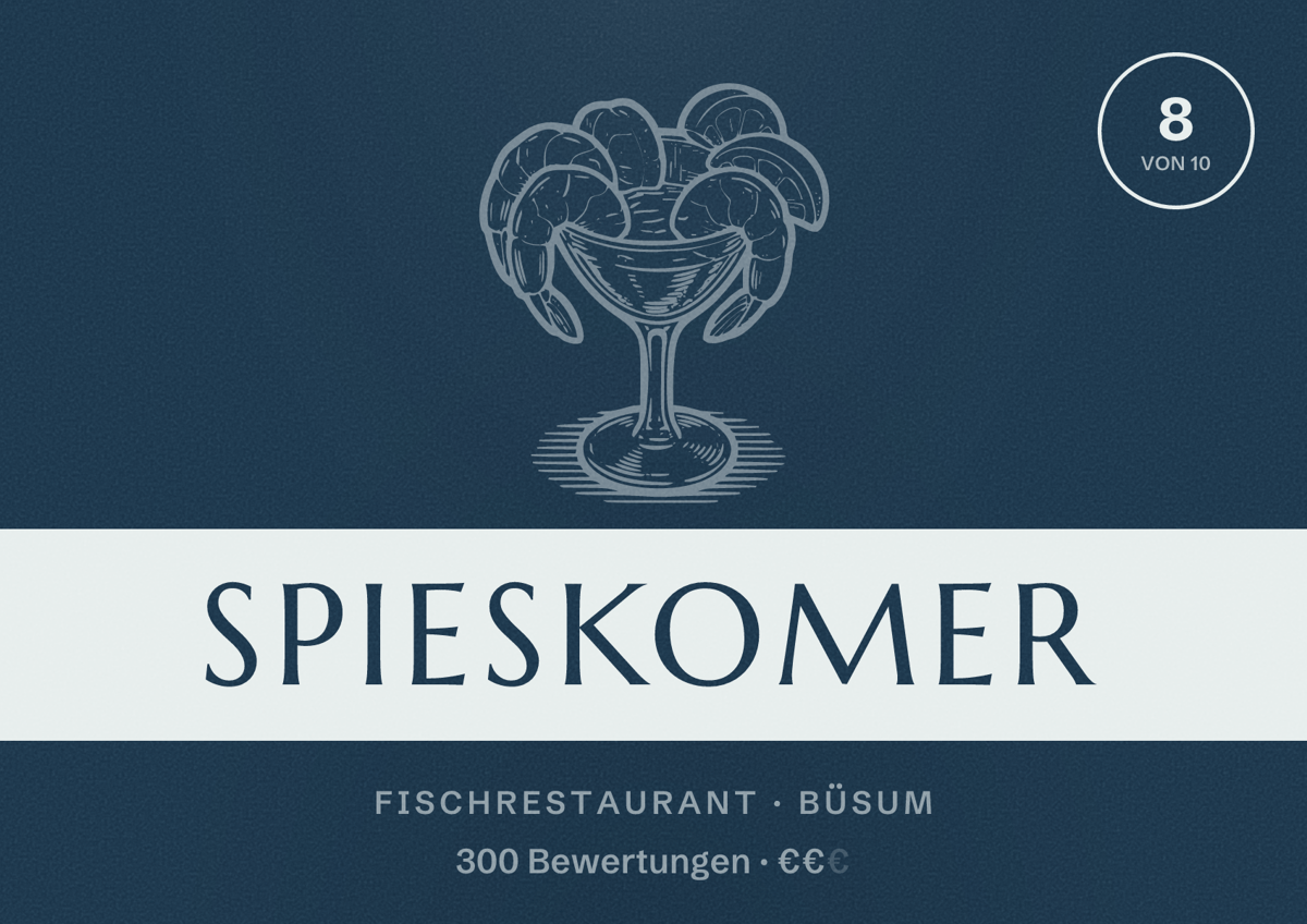 Illustriertes Poster von Spieskomer, Fischrestaurant in Büsum: Bewertung 8 von 10 aus 300 Bewertungen, Preisniveau €€