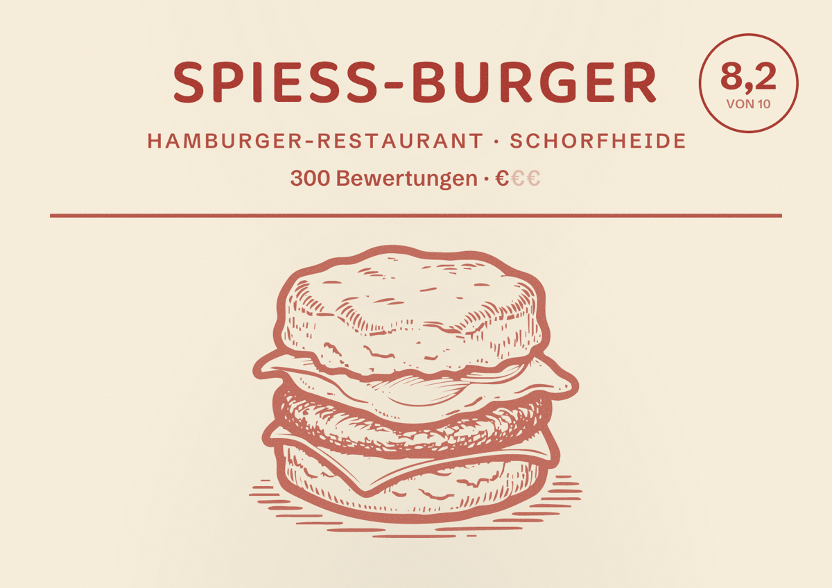 Illustriertes Poster von Spieß-Burger, Hamburger-Restaurant in Schorfheide: Bewertung 8,2 von 10 aus 300 Bewertungen, Preisniveau €