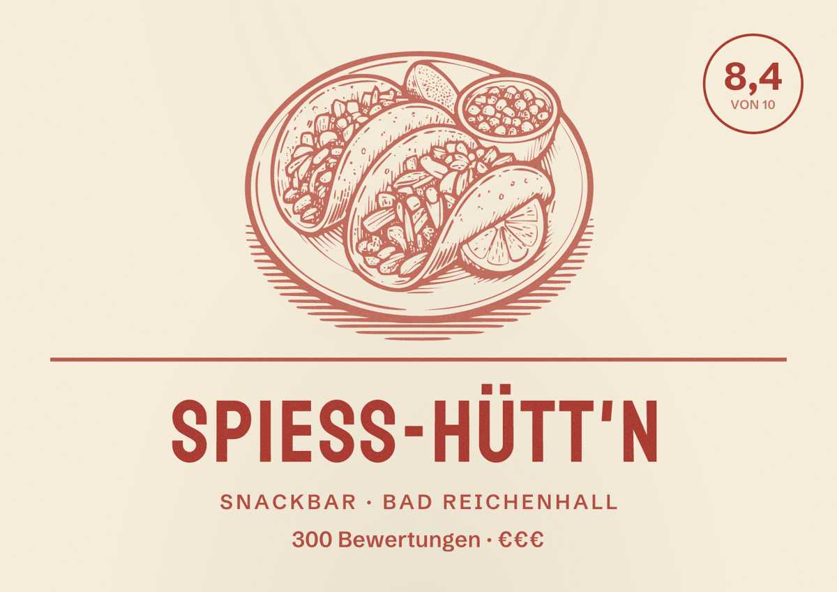 Illustriertes Poster von Spieß-Hütt'n, Snackbar in Bad Reichenhall: Bewertung 8,4 von 10 aus 300 Bewertungen, Preisniveau €€€