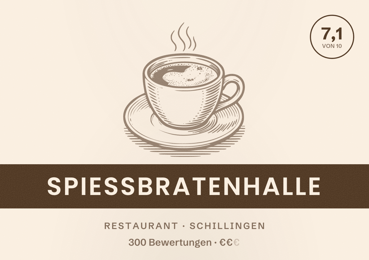 Illustriertes Poster von Spießbratenhalle, Restaurant in Schillingen: Bewertung 7,1 von 10 aus 300 Bewertungen, Preisniveau €€