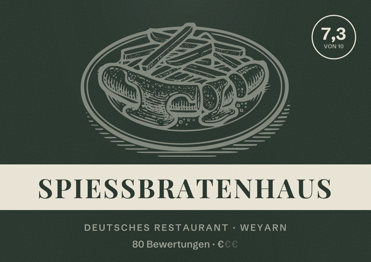 Illustriertes Poster von Spießbratenhaus, Deutsches Restaurant in Weyarn: Bewertung 7,3 von 10 aus 80 Bewertungen, Preisniveau €