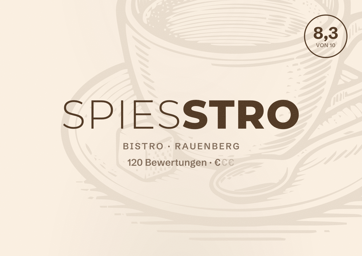Illustriertes Poster von Spiesstro, Bistro in Rauenberg: Bewertung 8,3 von 10 aus 120 Bewertungen, Preisniveau €