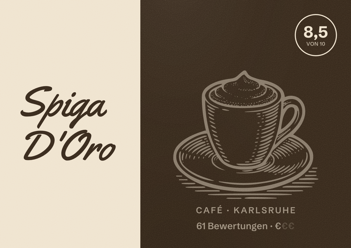Illustriertes Poster von Spiga D'Oro, Café in Karlsruhe: Bewertung 8,5 von 10 aus 61 Bewertungen, Preisniveau €