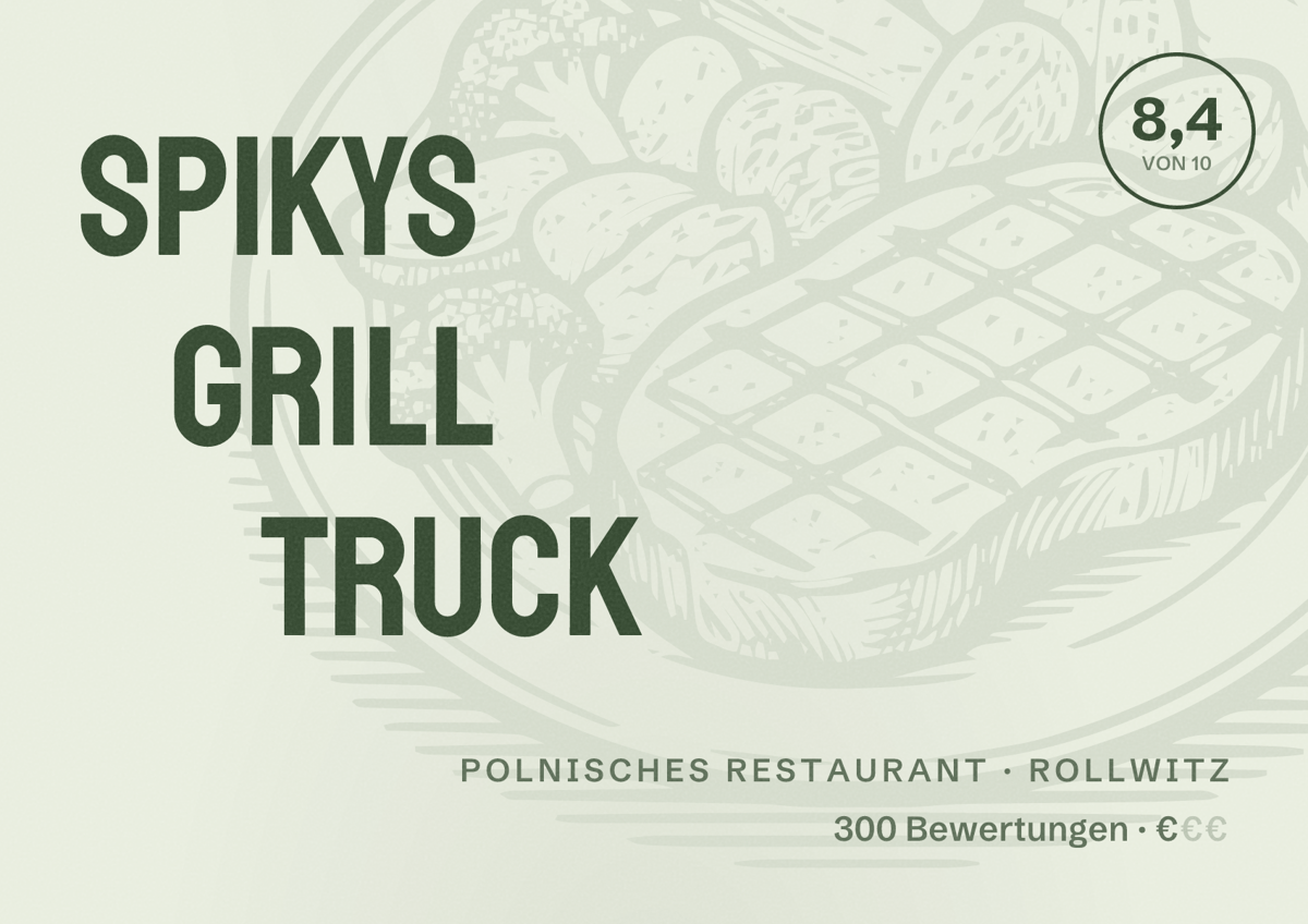 Illustriertes Poster von Spikys Grill Truck, Polnisches Restaurant in Rollwitz: Bewertung 8,4 von 10 aus 300 Bewertungen, Preisniveau €