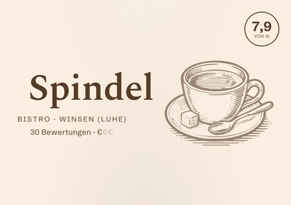 Illustriertes Poster von Spindel, Bistro in Winsen (Luhe): Bewertung 7,9 von 10 aus 30 Bewertungen, Preisniveau €