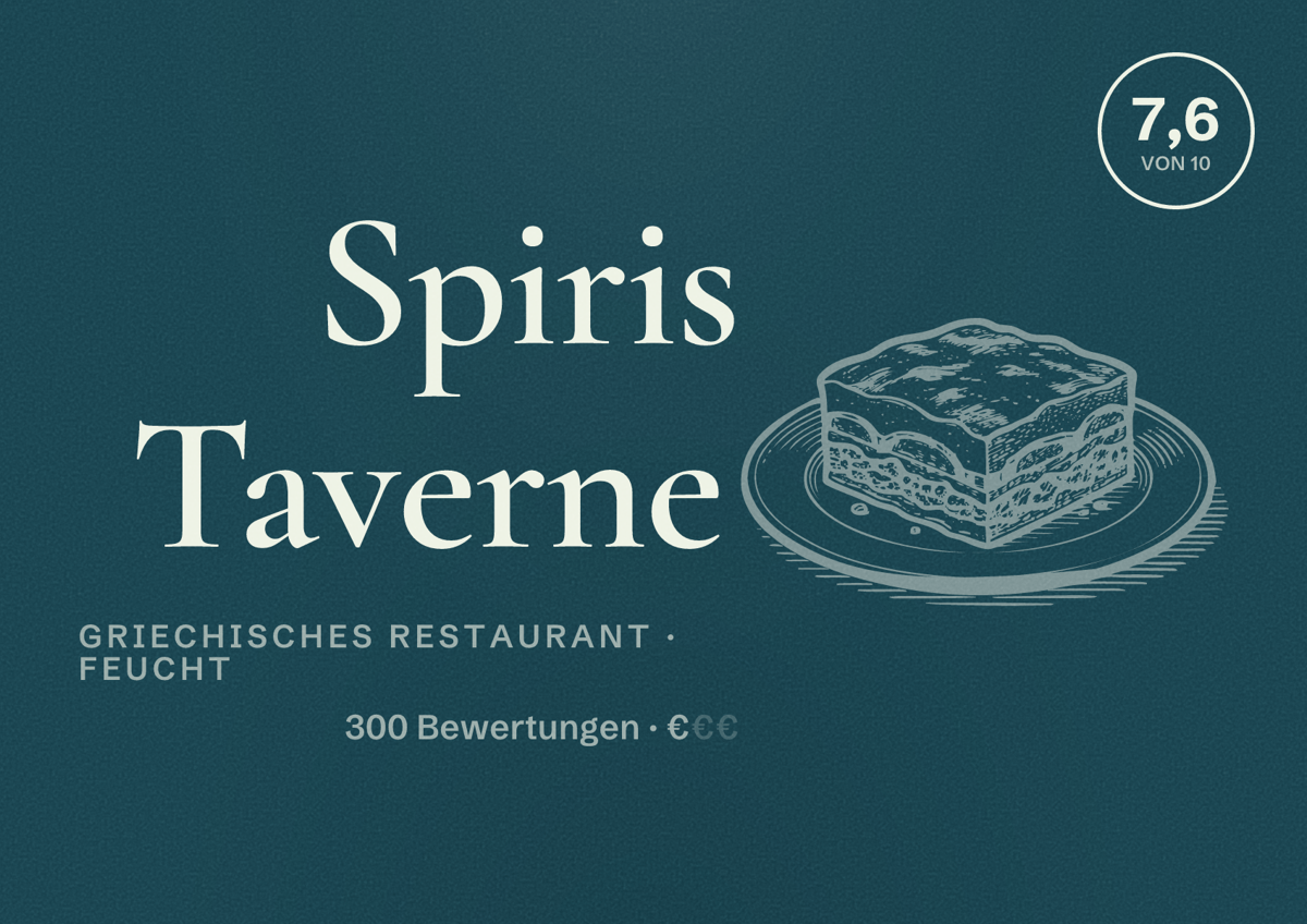 Illustriertes Poster von Spiris Taverne, Griechisches Restaurant in Feucht: Bewertung 7,6 von 10 aus 300 Bewertungen, Preisniveau €