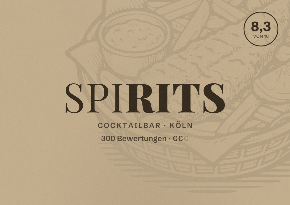 Illustriertes Poster von Spirits, Cocktailbar in Köln: Bewertung 8,3 von 10 aus 300 Bewertungen, Preisniveau €€