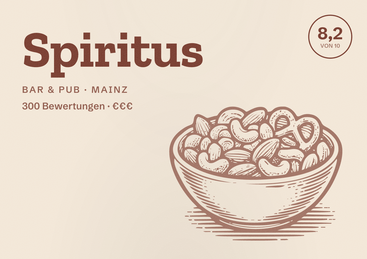 Illustriertes Poster von Spiritus, Bar & Pub in Mainz: Bewertung 8,2 von 10 aus 300 Bewertungen, Preisniveau €€€