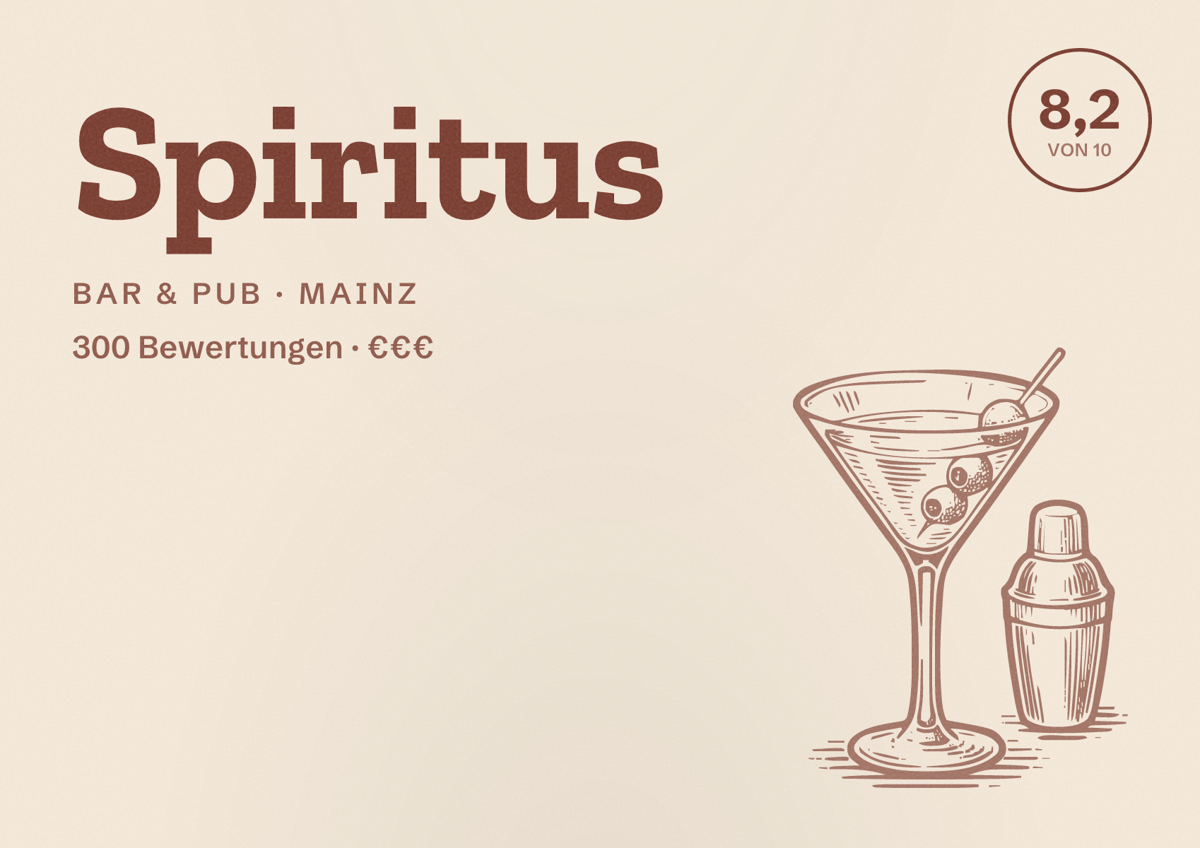 Illustriertes Poster von Spiritus, Bar & Pub in Mainz: Bewertung 8,2 von 10 aus 300 Bewertungen, Preisniveau €€€