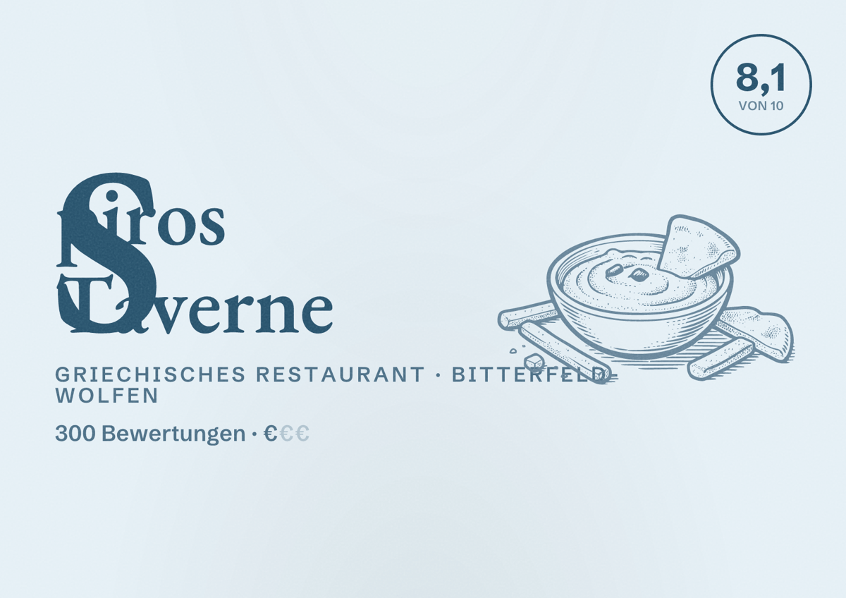 Illustriertes Poster von Spiros Taverne, Griechisches Restaurant in Bitterfeld-Wolfen: Bewertung 8,1 von 10 aus 300 Bewertungen, Preisniveau €