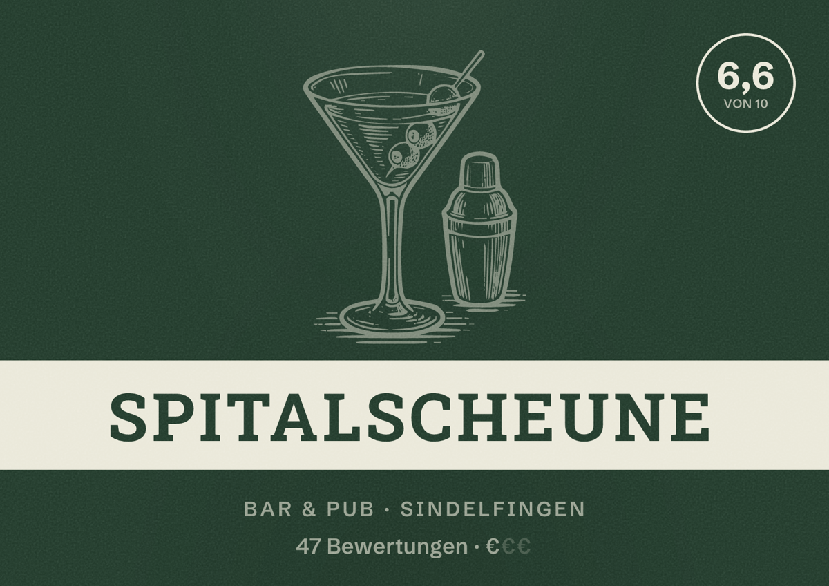 Illustriertes Poster von Spitalscheune, Bar & Pub in Sindelfingen: Bewertung 6,6 von 10 aus 47 Bewertungen, Preisniveau €
