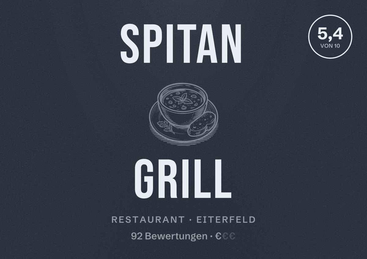 Illustriertes Poster von Spitan Grill, Restaurant in Eiterfeld: Bewertung 5,4 von 10 aus 92 Bewertungen, Preisniveau €