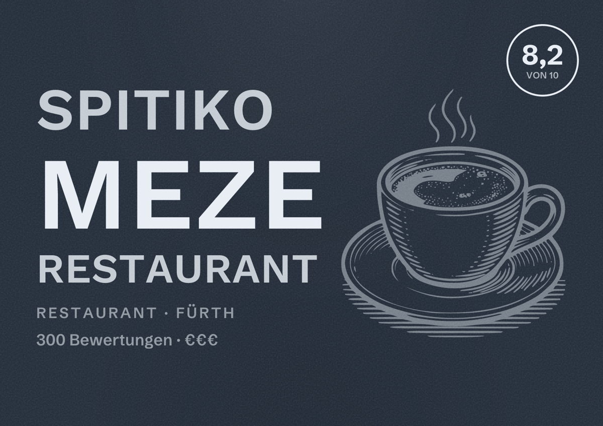 Illustriertes Poster von Spitiko Meze Restaurant, Restaurant in Fürth: Bewertung 8,2 von 10 aus 300 Bewertungen, Preisniveau €€€