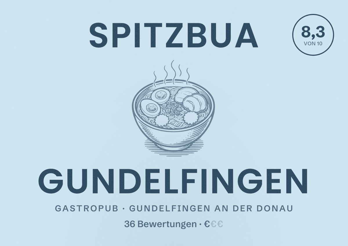 Illustriertes Poster von Spitzbua Gundelfingen, Gastropub in Gundelfingen an der Donau: Bewertung 8,3 von 10 aus 36 Bewertungen, Preisniveau €