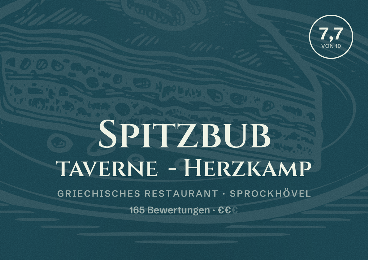 Illustriertes Poster von Spitzbub taverne - Herzkamp, Griechisches Restaurant in Sprockhövel: Bewertung 7,7 von 10 aus 165 Bewertungen, Preisniveau €€