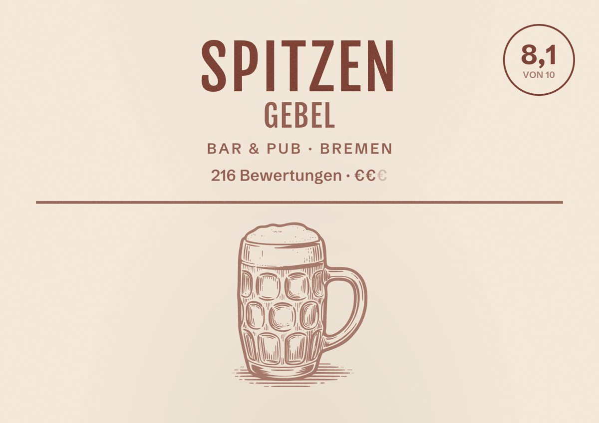 Illustriertes Poster von Spitzen Gebel, Bar & Pub in Bremen: Bewertung 8,1 von 10 aus 216 Bewertungen, Preisniveau €€