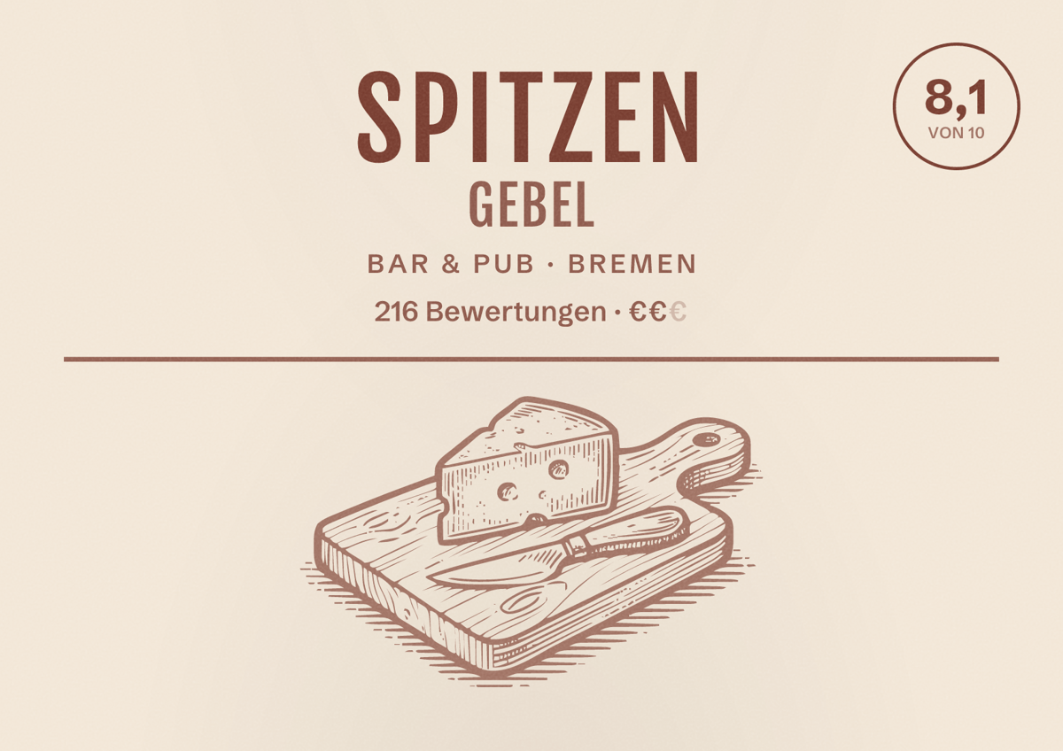 Illustriertes Poster von Spitzen Gebel, Bar & Pub in Bremen: Bewertung 8,1 von 10 aus 216 Bewertungen, Preisniveau €€