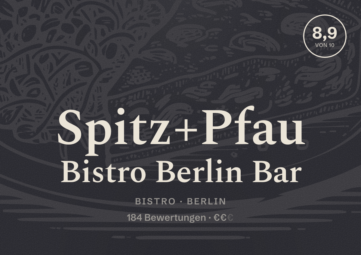 Illustriertes Poster von Spitz+Pfau Bistro Berlin Bar, Bistro in Berlin: Bewertung 8,9 von 10 aus 184 Bewertungen, Preisniveau €€