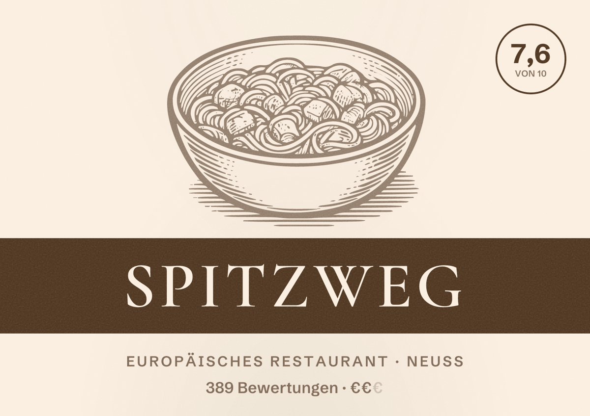 Illustriertes Poster von Spitzweg, Europäisches Restaurant in Neuss: Bewertung 7,6 von 10 aus 389 Bewertungen, Preisniveau €€
