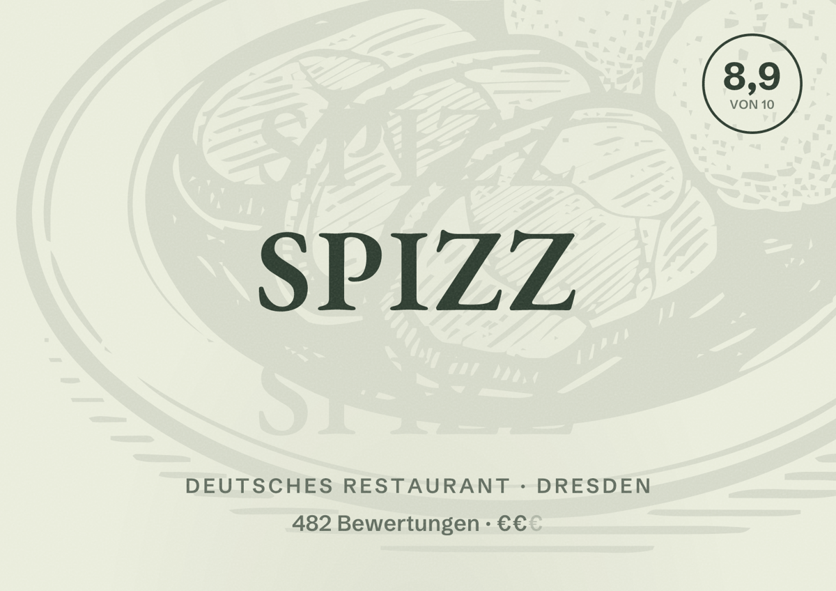 Illustriertes Poster von Spizz, Deutsches Restaurant in Dresden: Gästebewertung 8,9 von 10 aus 482 Bewertungen