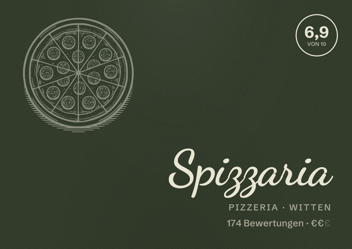 Illustriertes Poster von Spizzaria, Pizzeria in Witten: Bewertung 6,9 von 10 aus 174 Bewertungen, Preisniveau €€