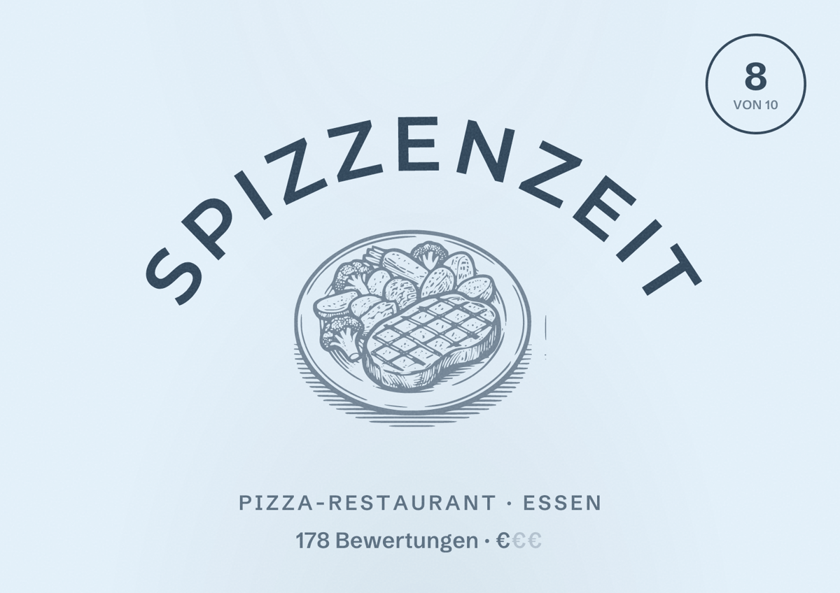 Illustriertes Poster von Spizzenzeit, Pizza-Restaurant in Essen: Bewertung 8 von 10 aus 178 Bewertungen, Preisniveau €