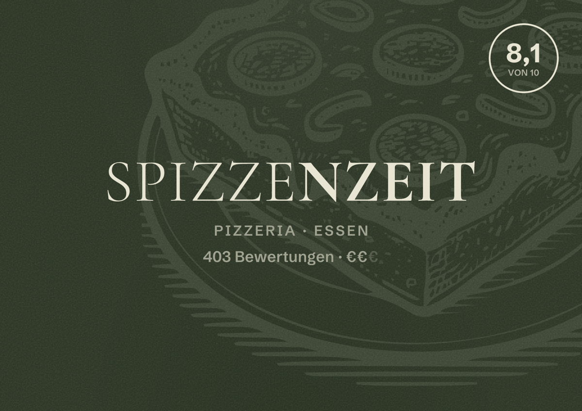 Illustriertes Poster von Spizzenzeit, Pizzeria in Essen: Bewertung 8,1 von 10 aus 403 Bewertungen, Preisniveau €€