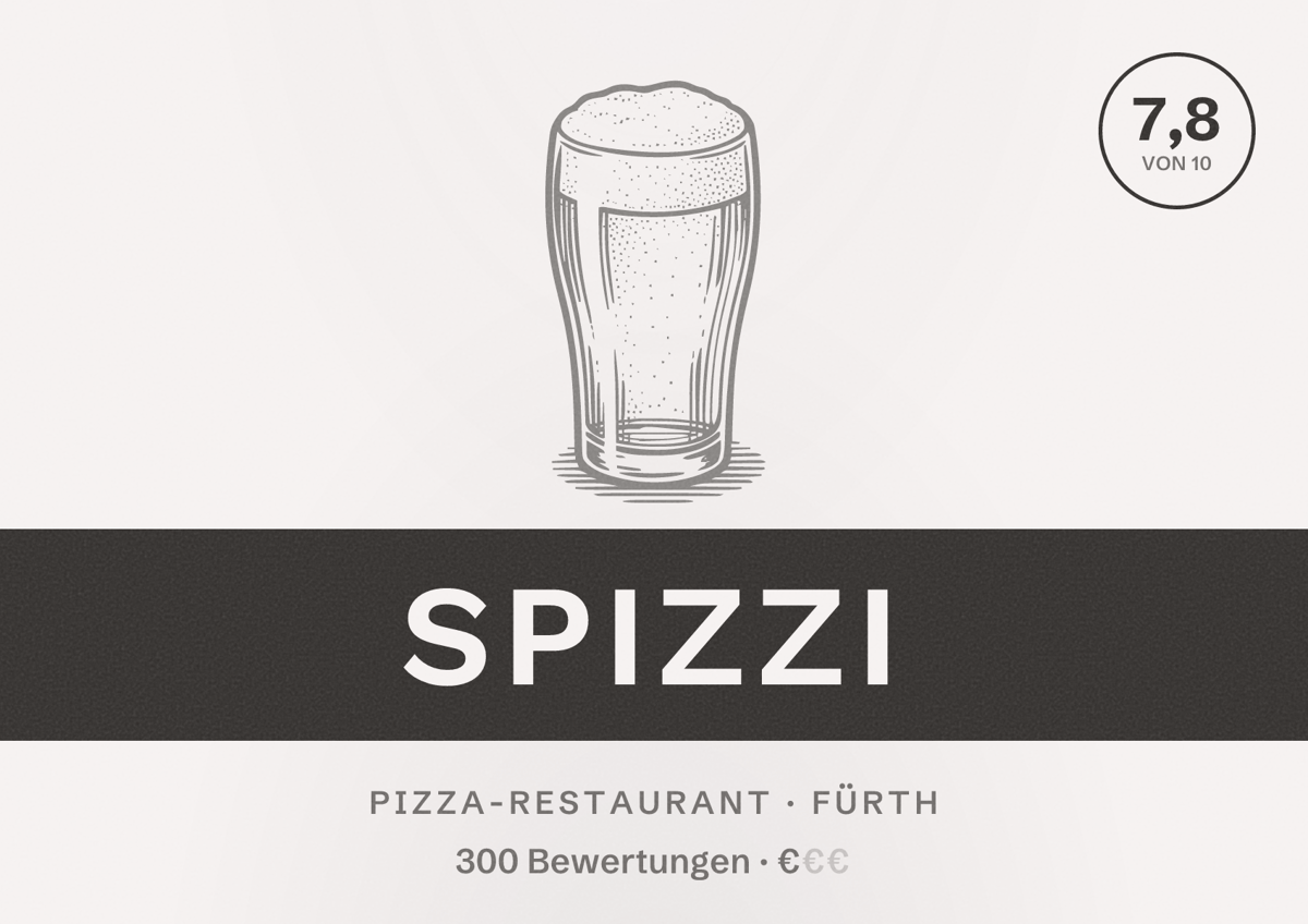 Illustriertes Poster von Spizzi, Pizza-Restaurant in Fürth: Bewertung 7,8 von 10 aus 300 Bewertungen, Preisniveau €