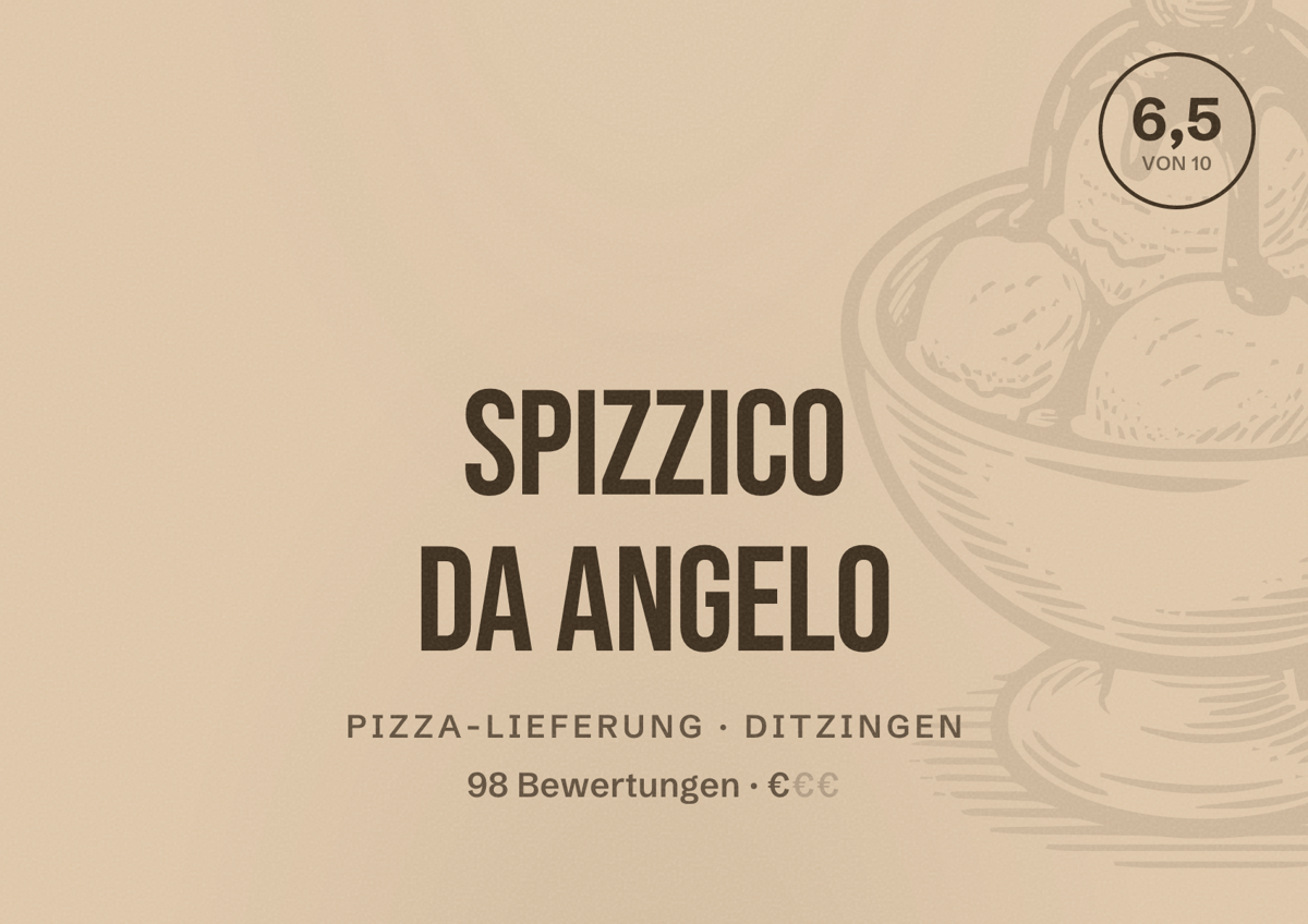 Illustriertes Poster von Spizzico Da Angelo, Pizza-Lieferung in Ditzingen: Bewertung 6,5 von 10 aus 98 Bewertungen, Preisniveau €
