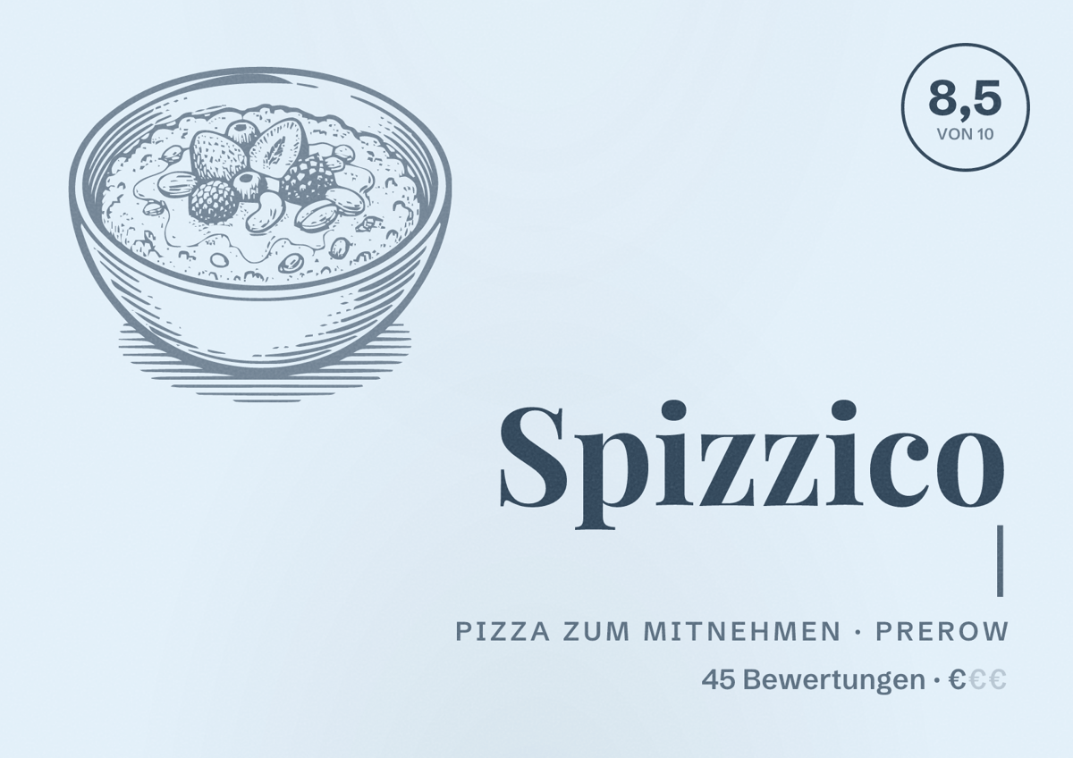 Illustriertes Poster von Spizzico |, Pizza zum Mitnehmen in Prerow: Bewertung 8,5 von 10 aus 45 Bewertungen, Preisniveau €