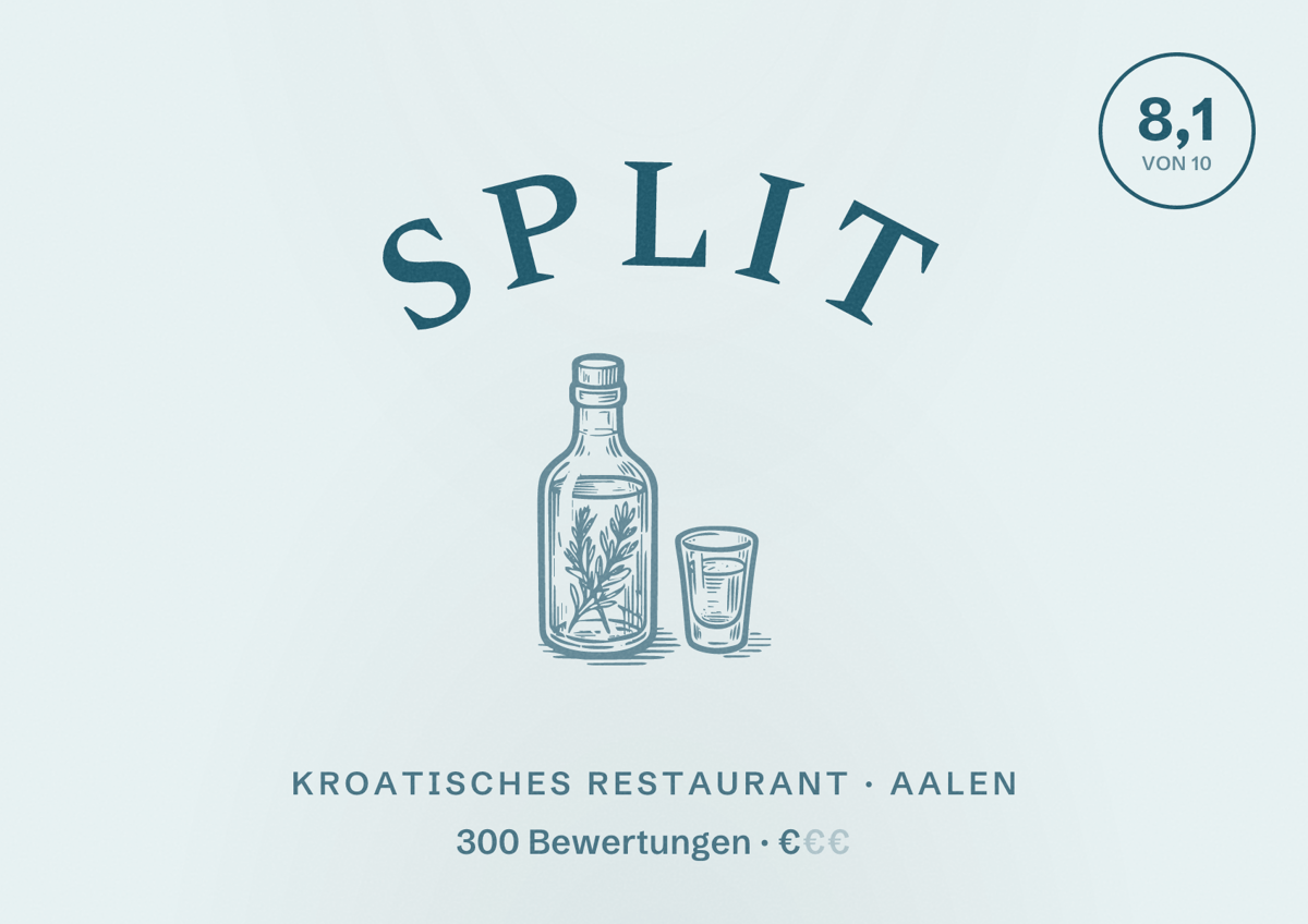 Illustriertes Poster von Split, Kroatisches Restaurant in Aalen: Bewertung 8,1 von 10 aus 300 Bewertungen, Preisniveau €