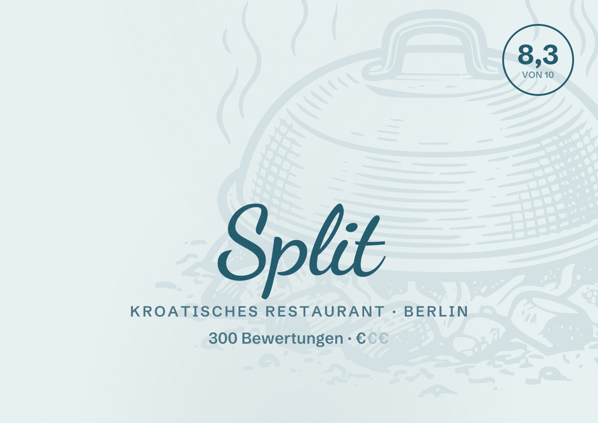 Illustriertes Poster von Split, Kroatisches Restaurant in Berlin: Bewertung 8,3 von 10 aus 300 Bewertungen, Preisniveau €