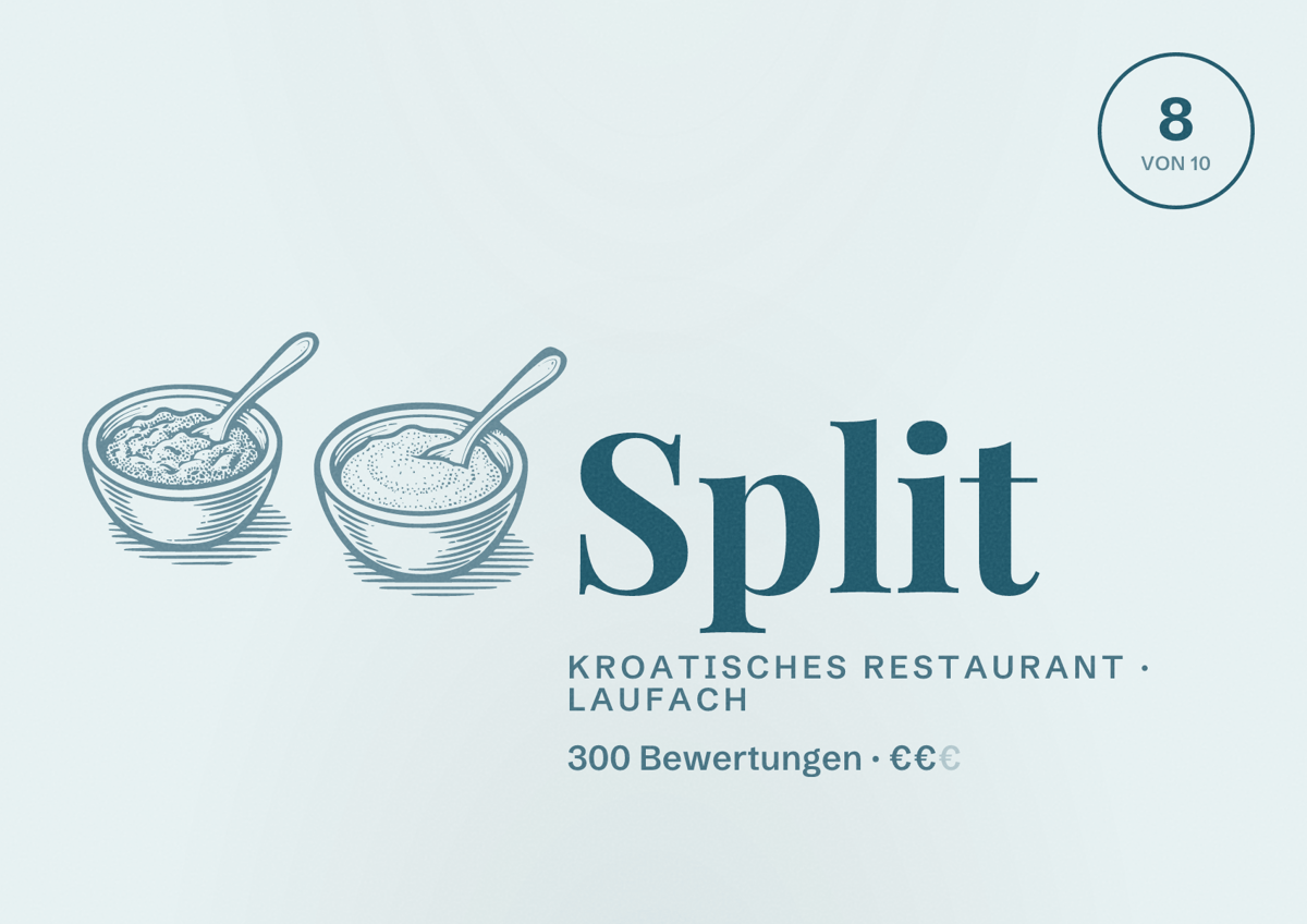 Illustriertes Poster von Split, Kroatisches Restaurant in Laufach: Bewertung 8 von 10 aus 300 Bewertungen, Preisniveau €€